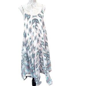 Ocean Blue Dress Maxi spaghetti strap White Aztec Handkerchief hem Women's Large